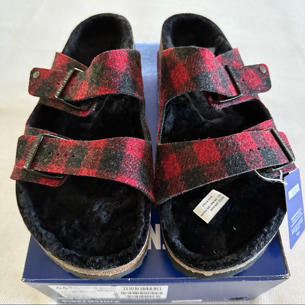 Birkenstock Arizona Plaid Shearling Slide Sandal Men's 10 EU43 Red/Black NWT
